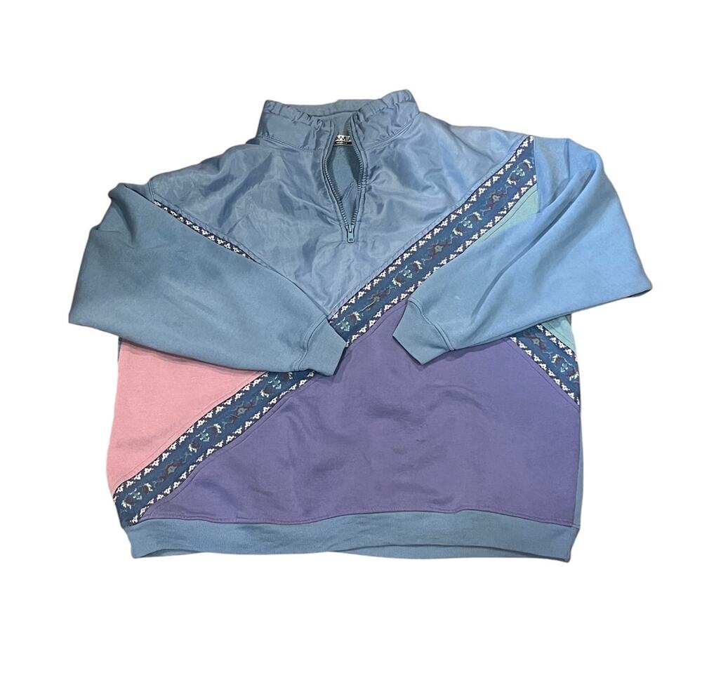 Vintage Chinawear Blue Sweater XL Women Geometric Color Block Retro Knit Top